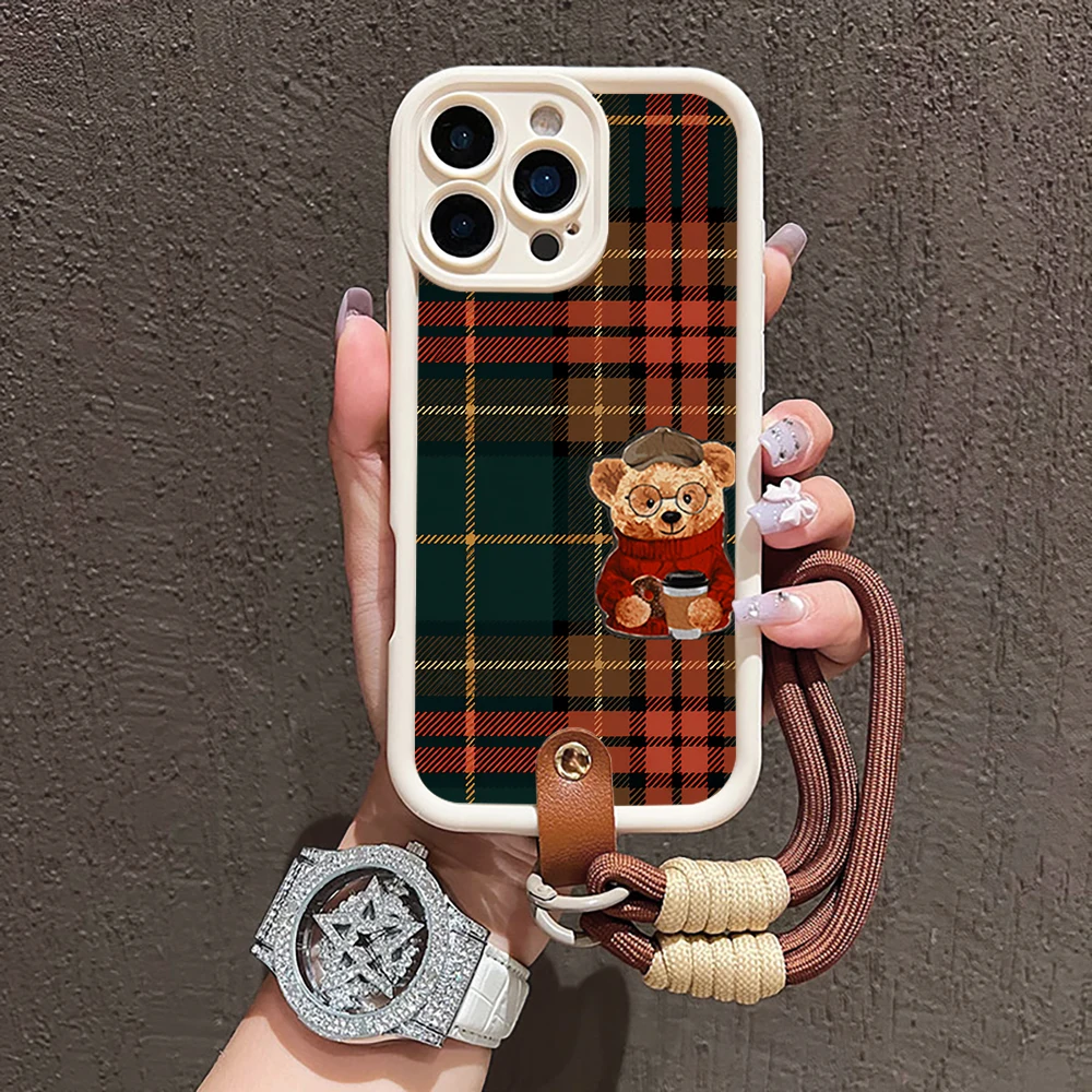 With Lanyard Checkered Bear Phone CaseFor Samsung Galaxy S21 S25 S24 S23 S26 S22 Ultra Plus FE Case A36 A54 A56 A55 A16 Funda