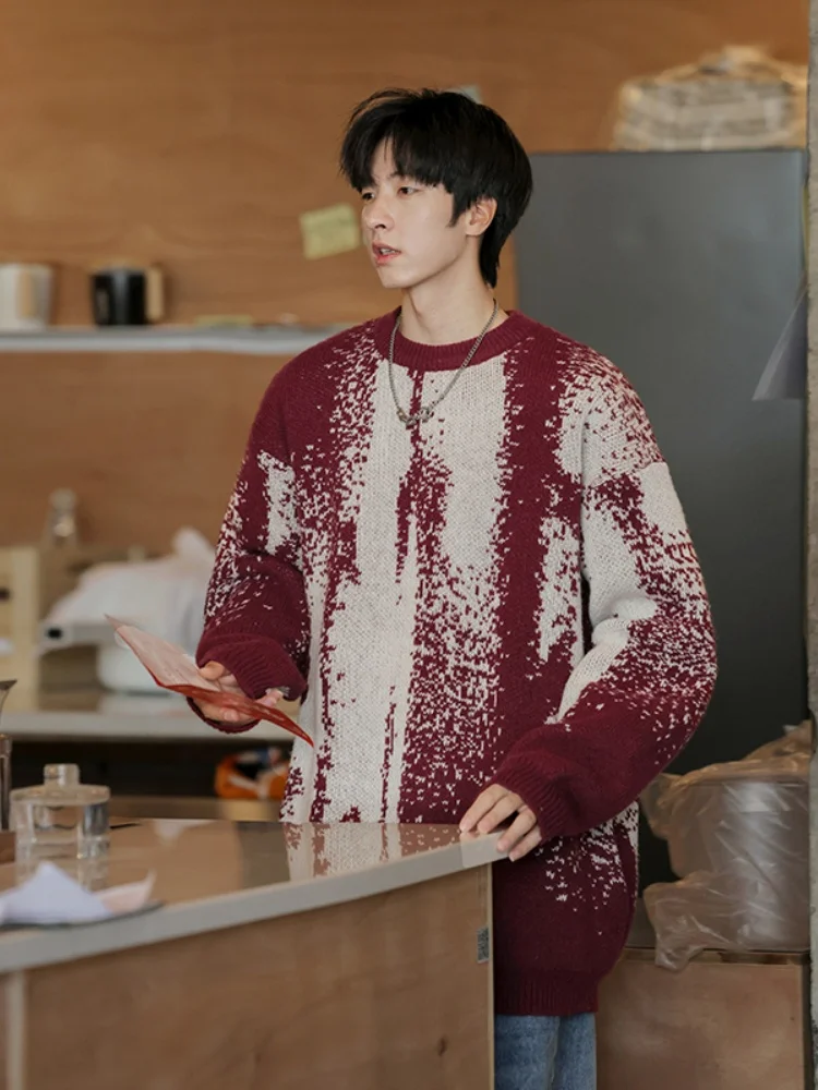 

American Retro round Ne Sweater Men's Autumn Winter Loose Knitted Outerwear Lazy Sle Base irt Geometric Pattern