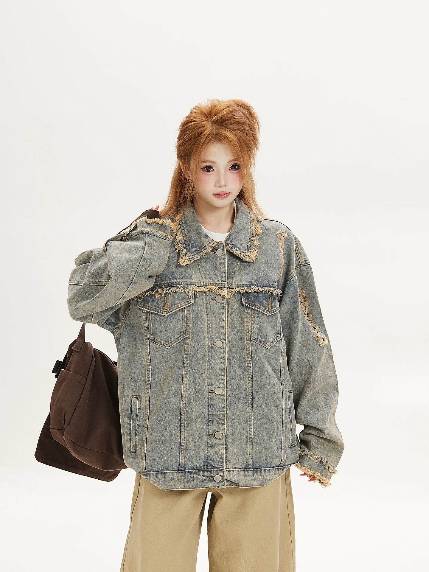 American Style Oversize Women's Denim Jacket Spring Autumn Frayed Hole Trendy Casual Fashion Straight Tube Body Fit
