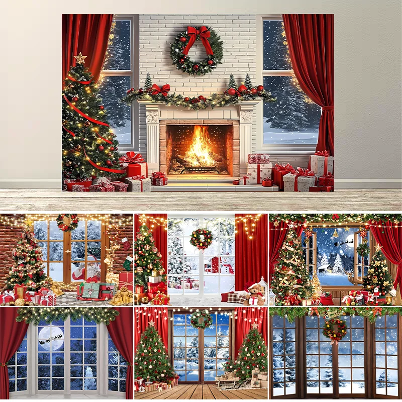 Dewprint Christmas Background Snow Window  Christmas Wooden Window Full Moon Night Fireplace Background Holiday Party Banner