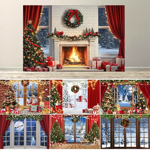 Imagen 1 del producto Fondo navideño con estampado de rocío, ventana de nieve, ventana de madera navideña, fondo de chimenea nocturna de luna llena, pancarta para fiesta navideña