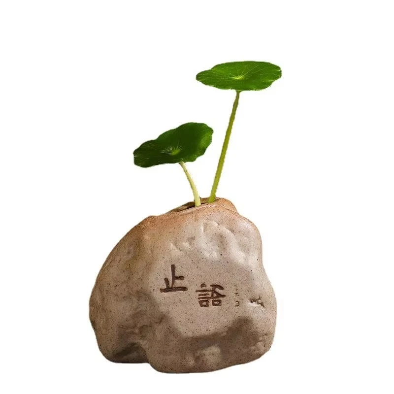 Mini Ceramic Vase with Stone-Like Finish - Chinese Zen Style Flower Pot for Hydroponic Plants, Small Flower Arrangement Decor