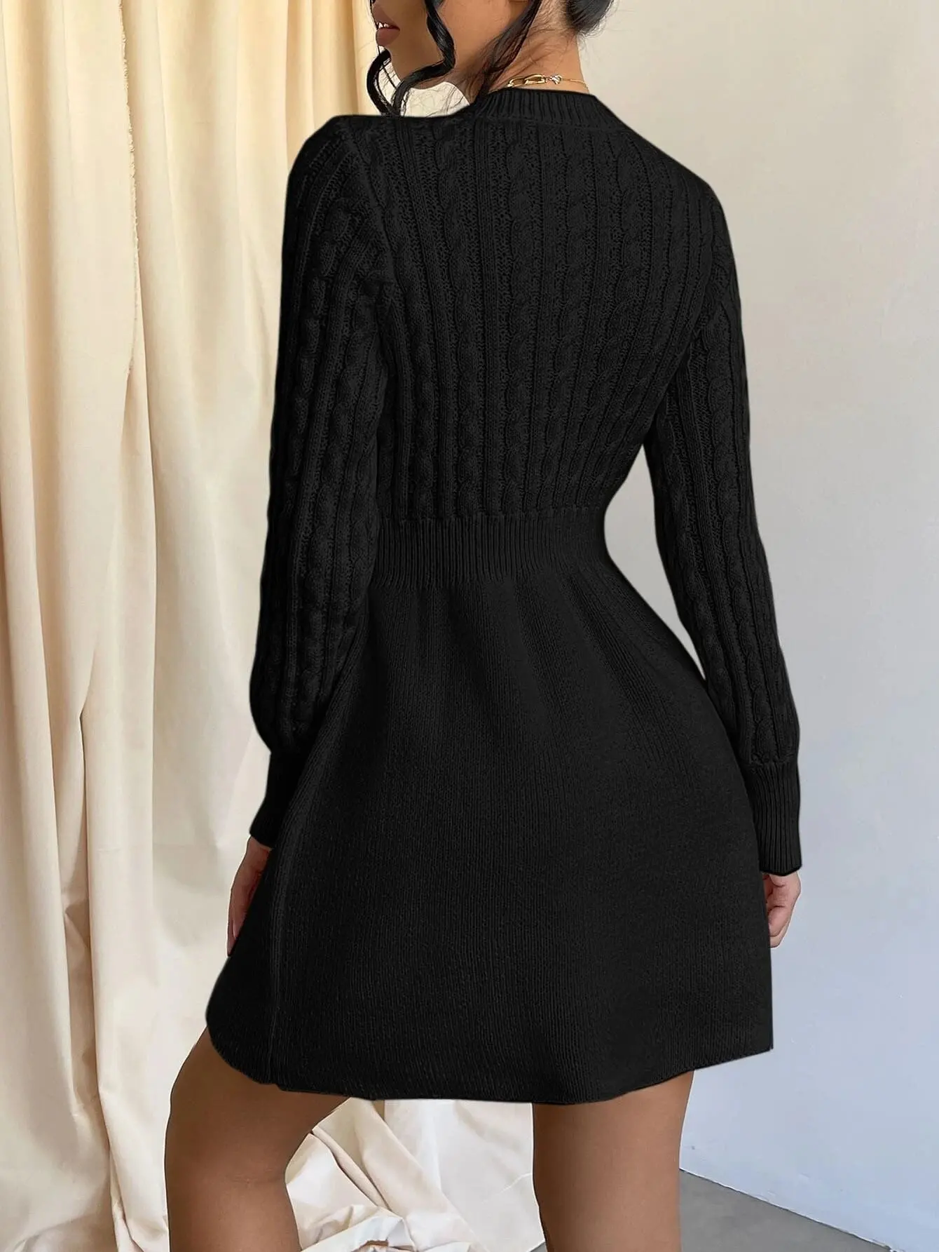 Solid Cable Knit Sweater Dress, Casual Crew Neck Long Sleeve Dress, Women\'s Clothing