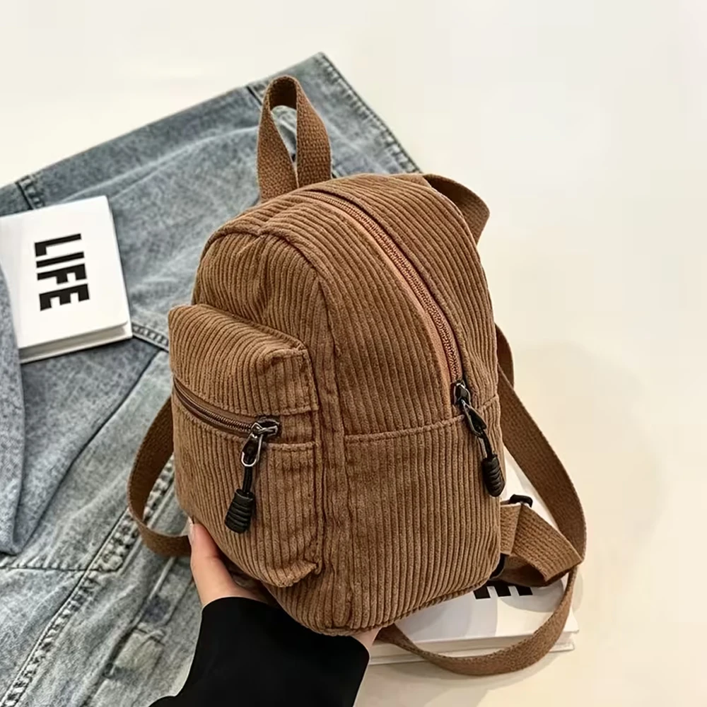 Mini Backpack for Women, Korean Style, Small Corduroy Forest-Style Double-Shoulder Bag, Mature and Versatile, College Style Women's Bag, High Aesthetic Value, Phone Storage Backpack