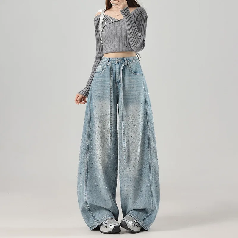Spring Summer Curved-cut Pants Women Slimming Drape Women's Style Full Sky Star Hot Diamond Wide-leg Loose Black Jeans Women