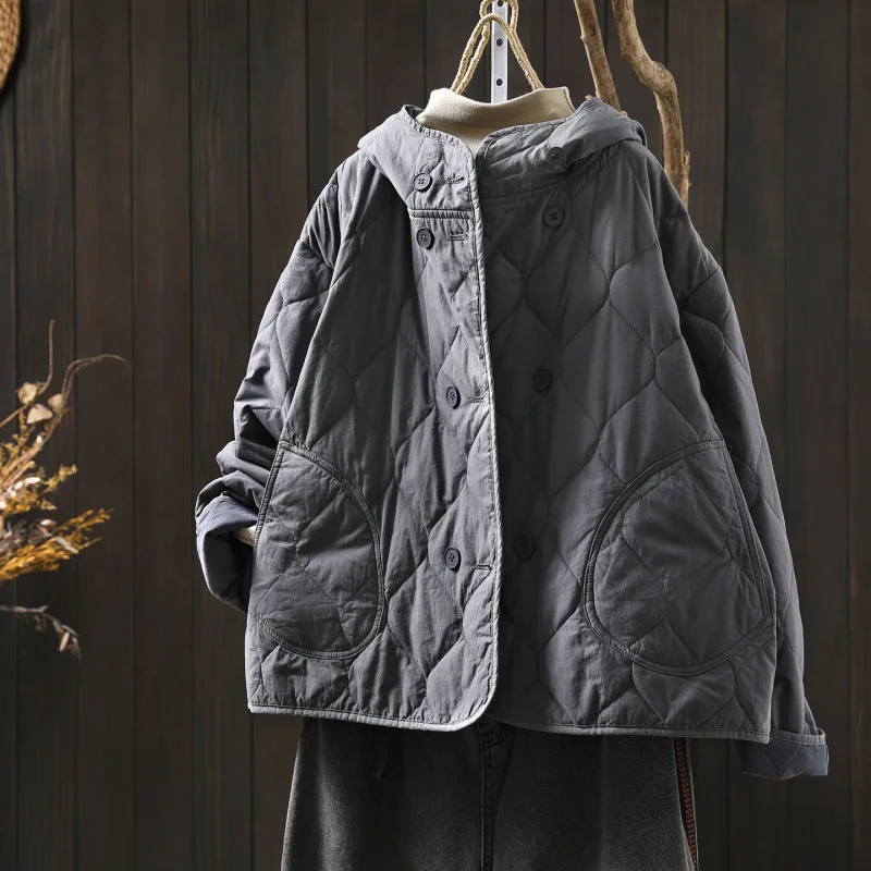 HKSH Women Hooded Cotton Jacket Double Breasted Quilted Pockets Solid Color Chic Versatile Loose Casual Lightweight Coat HK27674