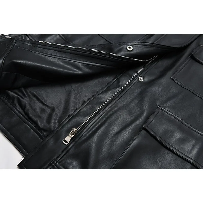 Mid-length Loose Vintage Black Big Pocket Faux Leather Coat With Belt Spring Autumn 2025 Women Casual Biker Jacket Veste Femme