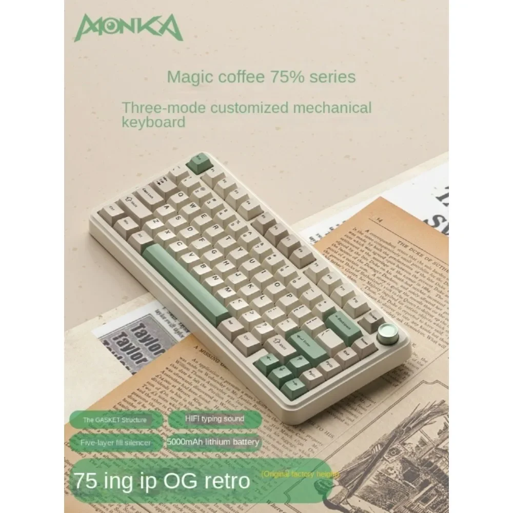 MONKA K75 Retro Tri-mode Gasket Mechanical Keyboard Wireless Bluetooth 2.4g Customized Hot Swap Office Ergonomic Esports Gaming