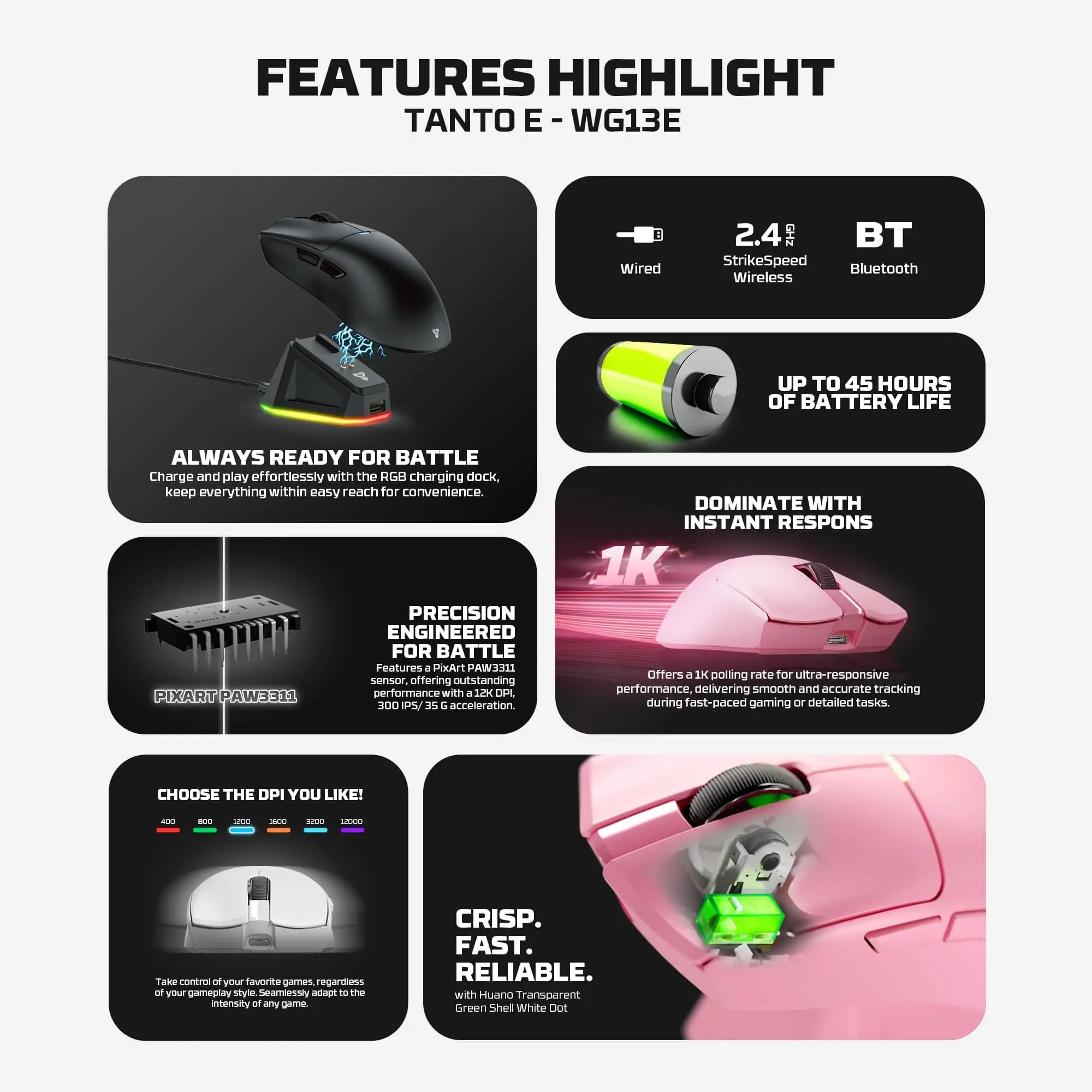 FANTECH TANTO E WG13E Wireless Mouse PAW3311 and 1000Hz Polling Rate 12000DPI 300IPS Macro Mouse Gaming Wired Mice