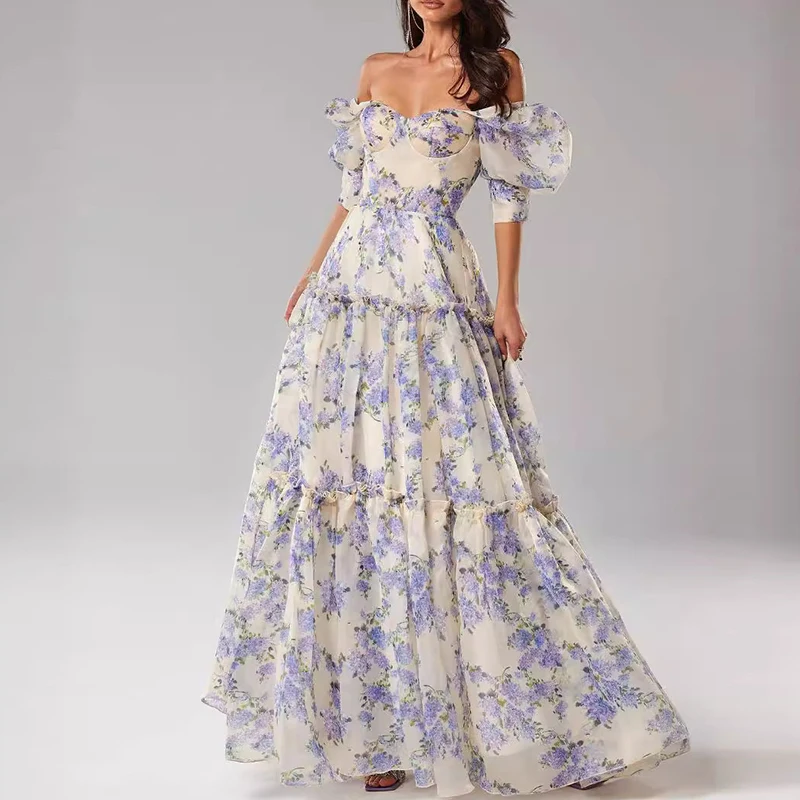 Elegante Off Shoulder Hoge Taille Lange Jurk Nieuwe Prinses Mouw Chiffon Feestjurk Mode Bloemenprint Vrouwen Avondjurken