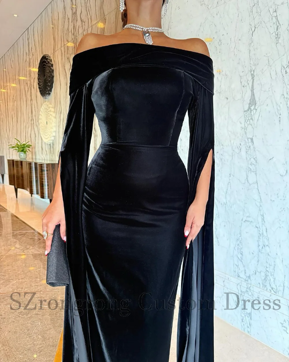 Suknia wieczorowa ślubna na zamówienie, nowoczesna, z kołnierzem łódkowym, aksamitna, dopasowana, seksowna, do ziemi, klasyczna suknia na studniówkę z peleryną, vestido de