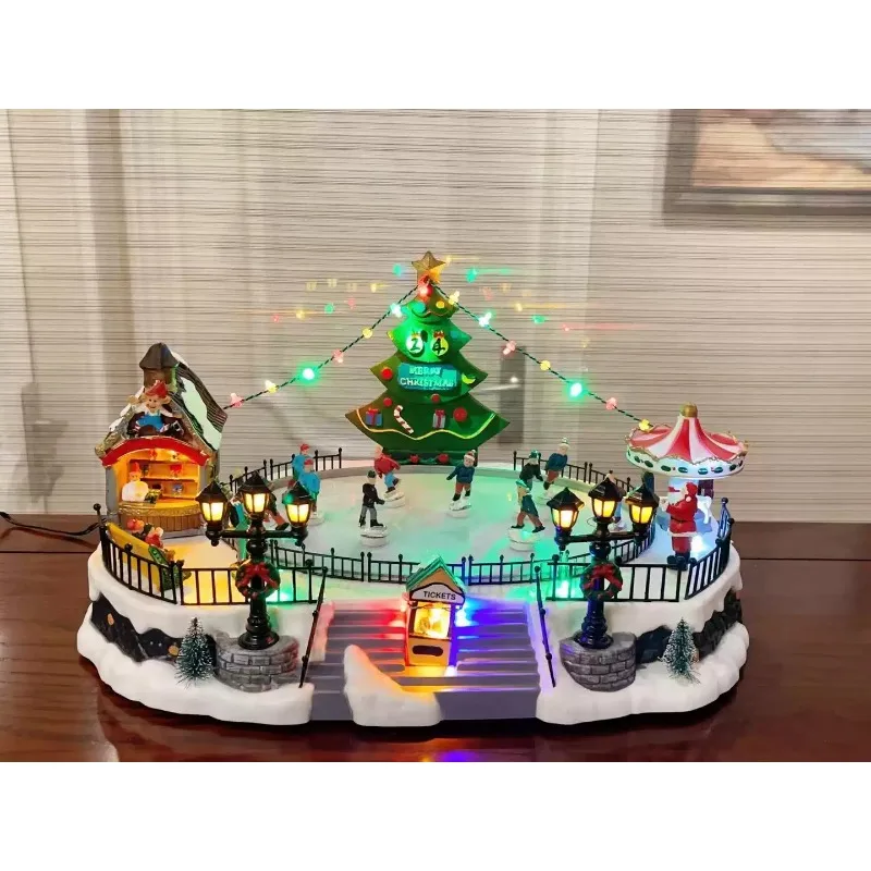 1pcs Christmas Skiing Amusement Park Music Box Set with Skating Rink Scene Decoration