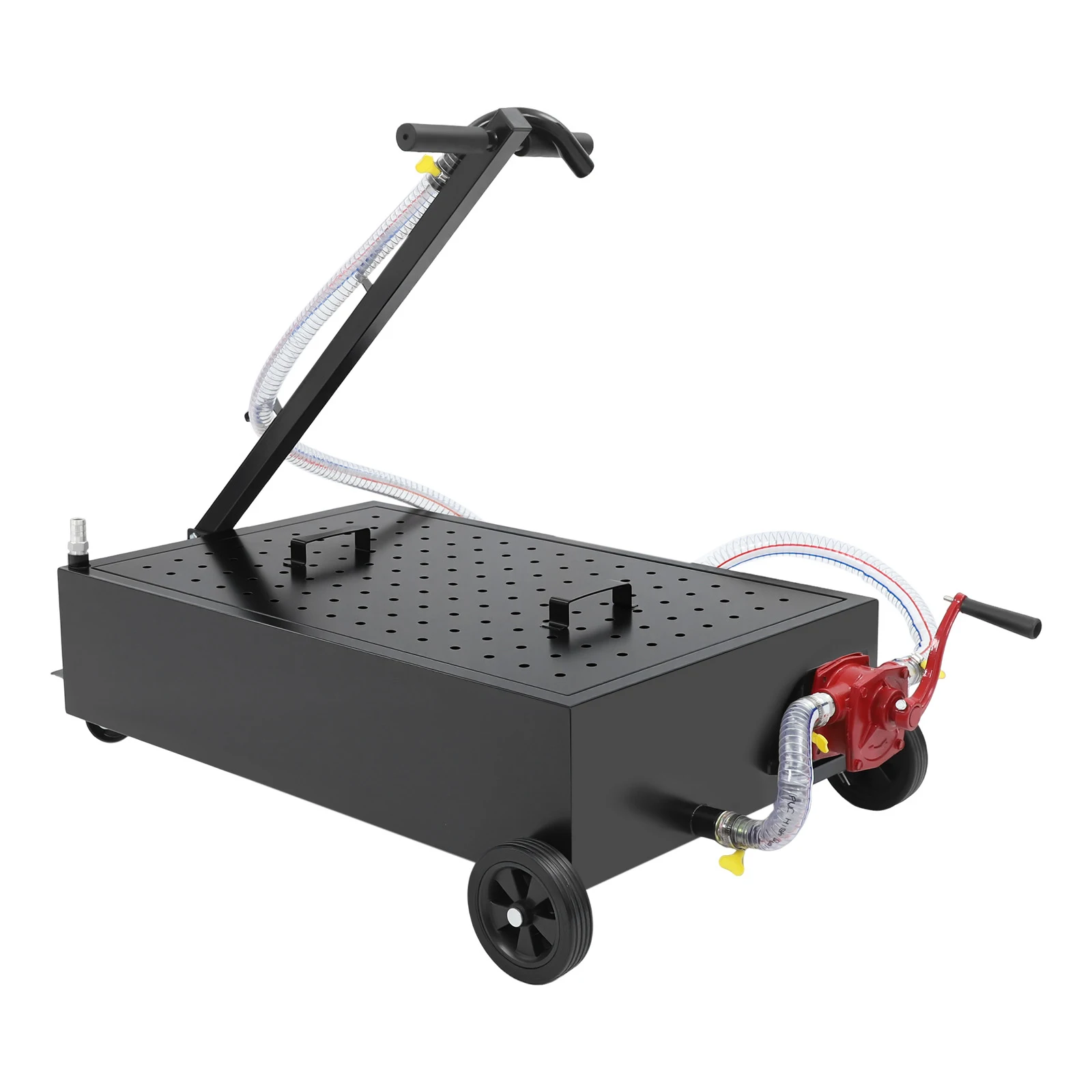 Black Oil Drain Pan 15 Gallon, Manual Rotary Pump Oil Drainer With 7.2ft Hose & 4 Wheels, 15gal Steel Waste Fluid Catch Tank for Car Truck SUV