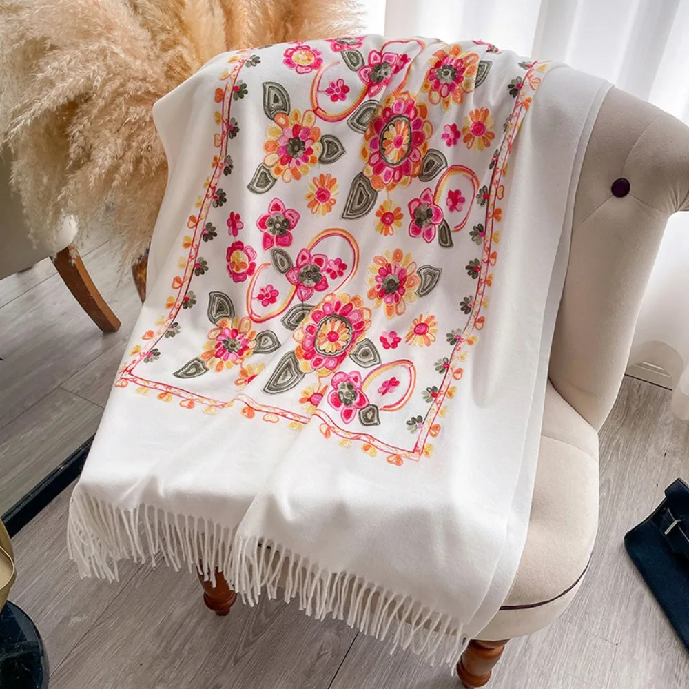 

Cashmere Feel Women Scarf Warm Texture Embroider Flower Floral Embroidered Shawl Ethnic Style Breathable Cashmere Scarf