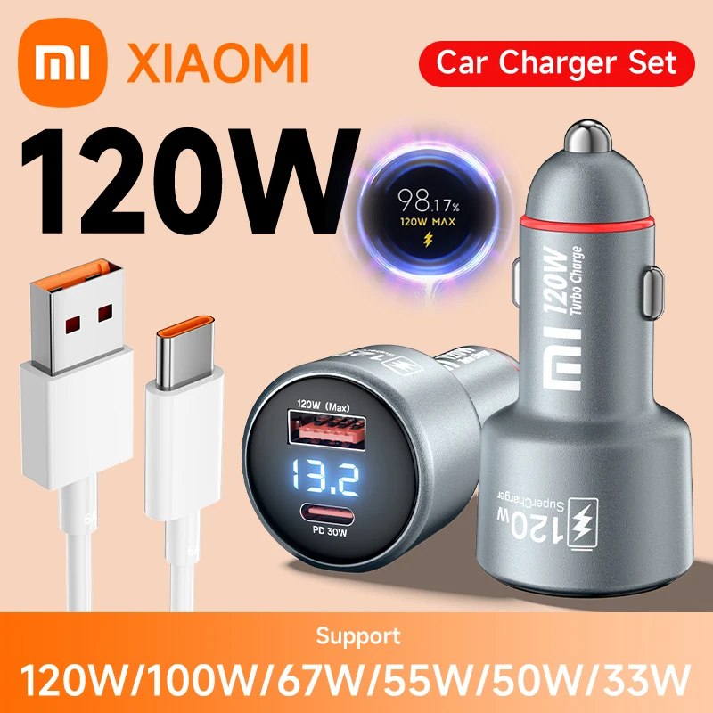 120W Xiaomi USB Type C Car Charger 67W 6A Turbo Fast Charging Adapter For Mi 14 13 13T 12 Pro Redmi Note K60 IPhone 16 15 Charge