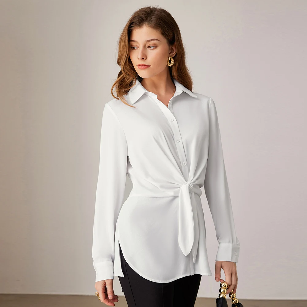 GK Shirts For Women Elegant Side Slit Shirt OL Slim Fit Long Sleeve Lapel Collar Blouses Femme Curved Hem Button-Up Tops