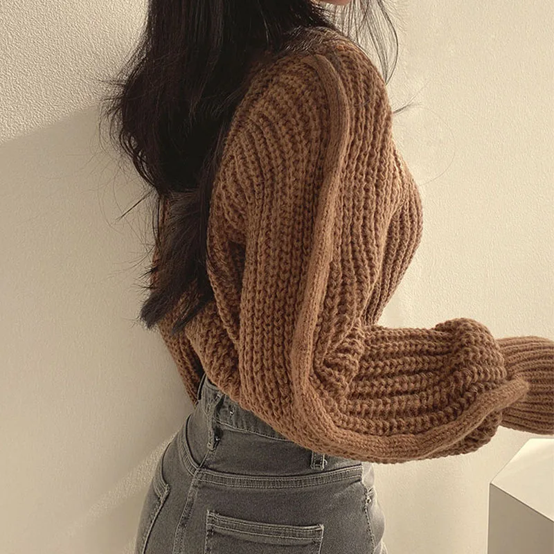 Lucyever Women Sweaters and Pullovers Autumn Winter Short Hollow Out Knitted Sweater Female Solid Casual Long Sleeved Jumper Top