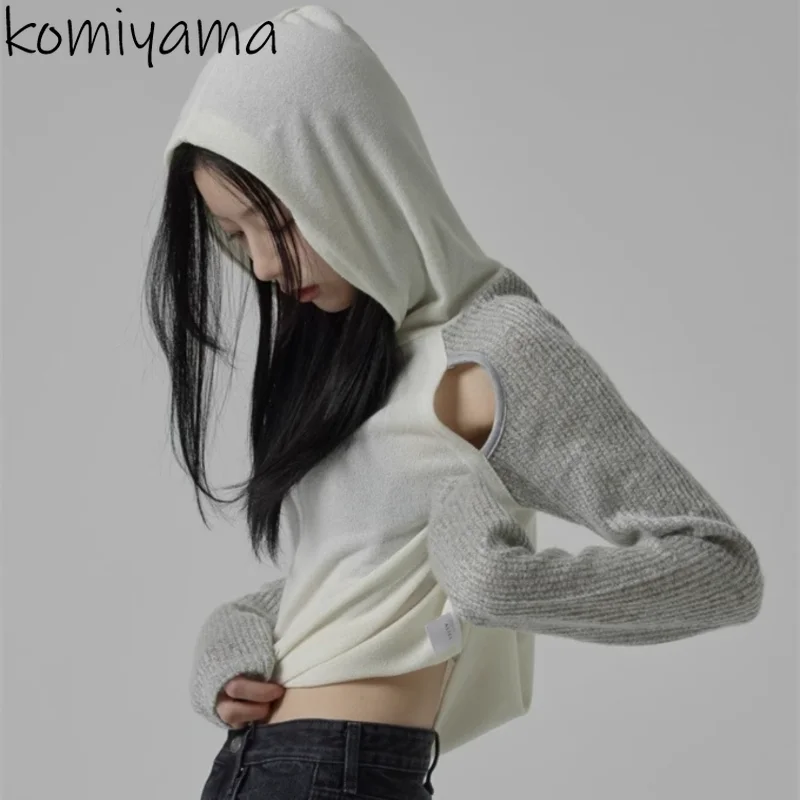 Contrast Hollow-out Sweater Hooded Long Sleeve Ropa Mujer Korean Style Pullover Y2k E-Girl Womens Clothing Casual Knitwears