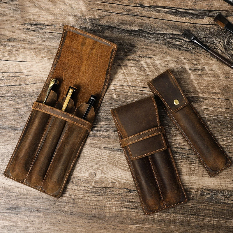 

﻿Vintage Crazy Horse Leather Pencil Case Pouch Storage Bag Cowhide Pen Holder For 1/2/3 Pens Stationery School Office Supplies
