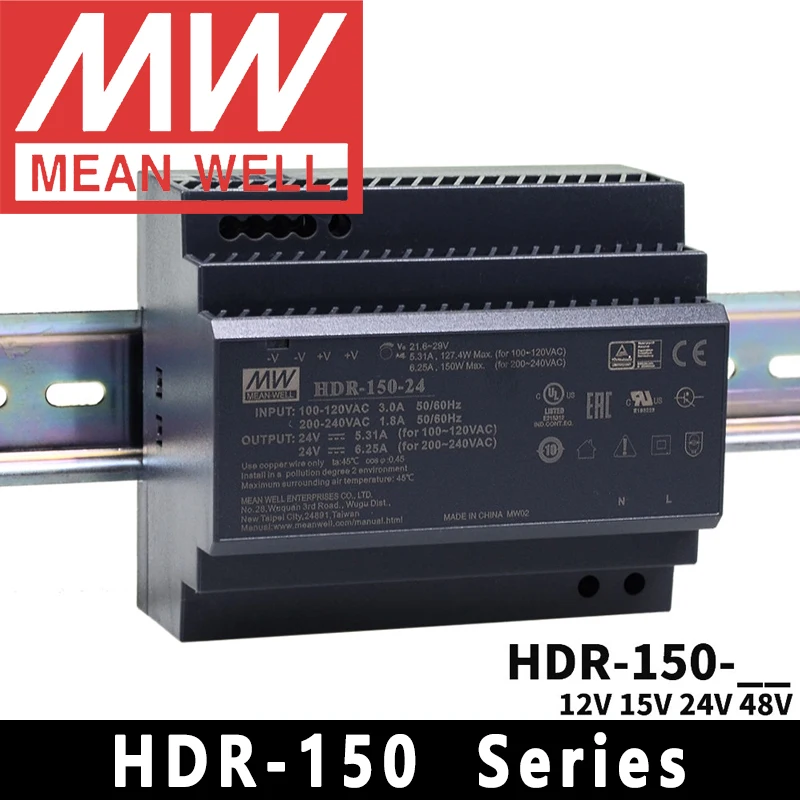 

Original Mean Well HDR-150-12/15/24/48 meanwell 130W AC/DC Ultra Slim Step Shape DIN Rail Power Supply