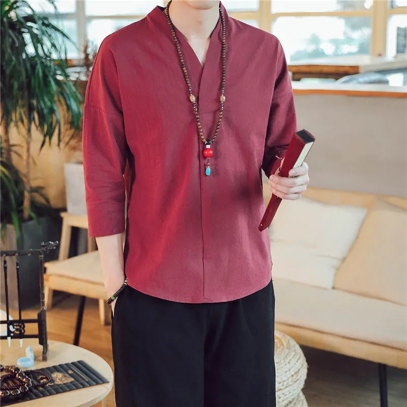 

Мужские летние однотонные хлопковые льняные рубашки, мужские повседневные топы в китайском стиле с v-образным вырезом, широкие мужские рубашки большого размера M-7XL 8XL