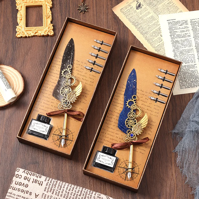 European Vintage Feather Pen Pen Gift Box Set Dipped in Water Pen Student Creative Gift Birthday Gift