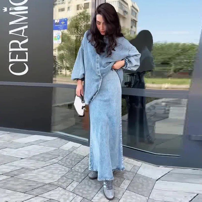 

Denim Skirt Suit Women Eid Muslim 2 Piece Set Shirt Long Skirts Ensemble Ramadan Overshirt Top Morocco Dubai Casual Outfits