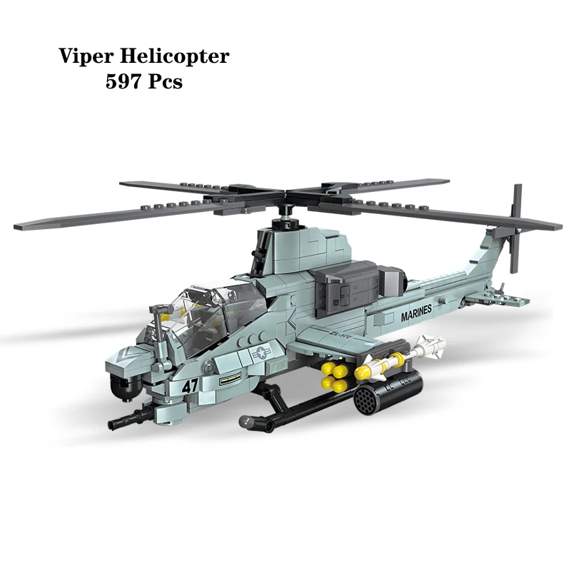 597PCS American Armies AH-1Z Viper Armed Aircraft Military High-Tech Bricks Toys Weapon Army Theme Building Blocks Fighter Model