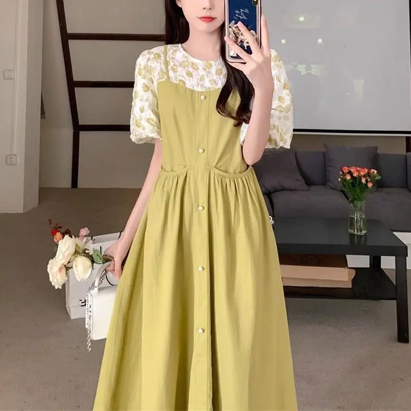 

Fake Two Pieces Spliced Dresses Summer Broken Flowers Commute O-Neck Women's Clothing A-Line Waist Stylish Pockets Midi Dress