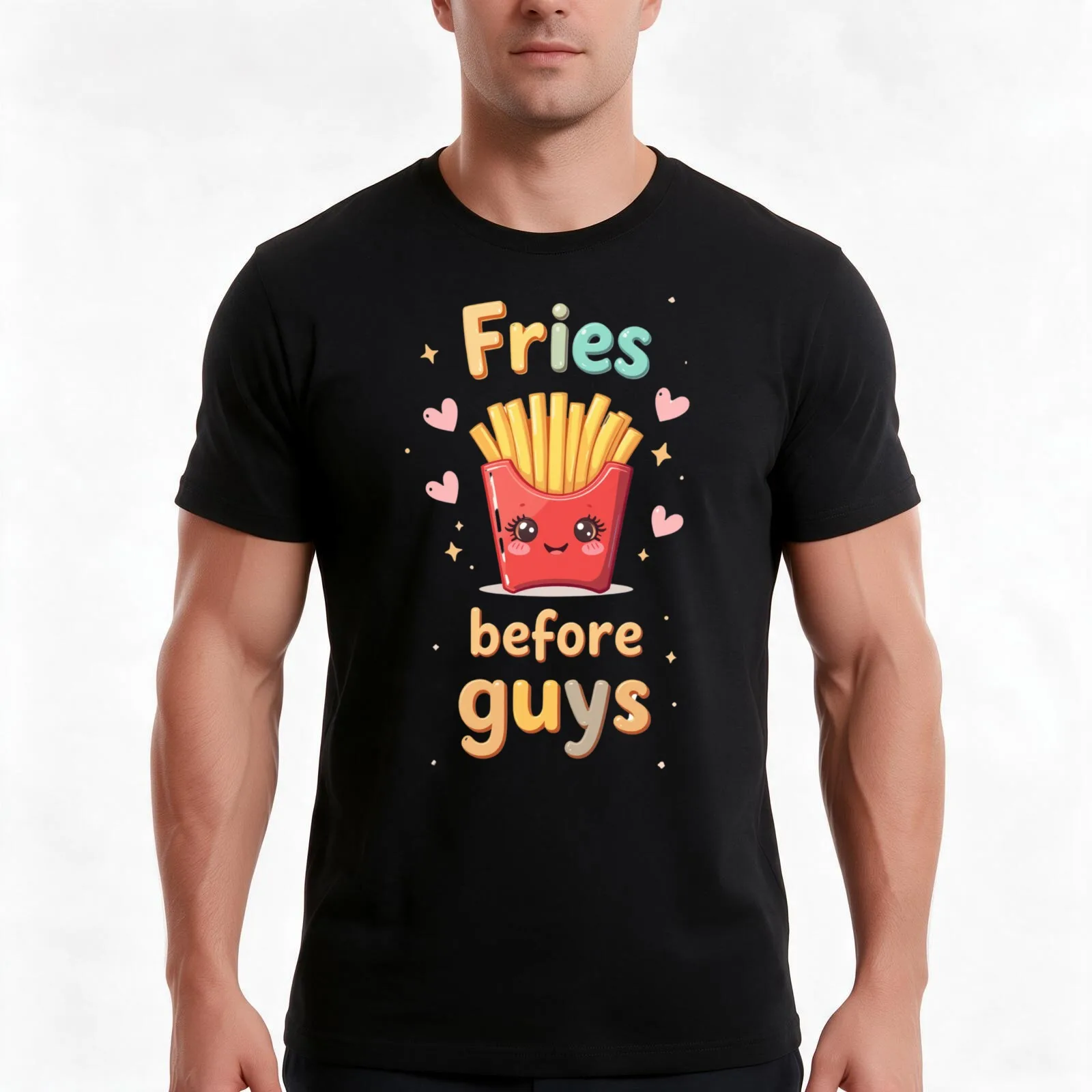 Fries before guys ? Food Puns T-Shirt, Summer Casual Cotton Tee, Oversized Streetwear Tops, Vintage Graphic Print, 100% Cotton