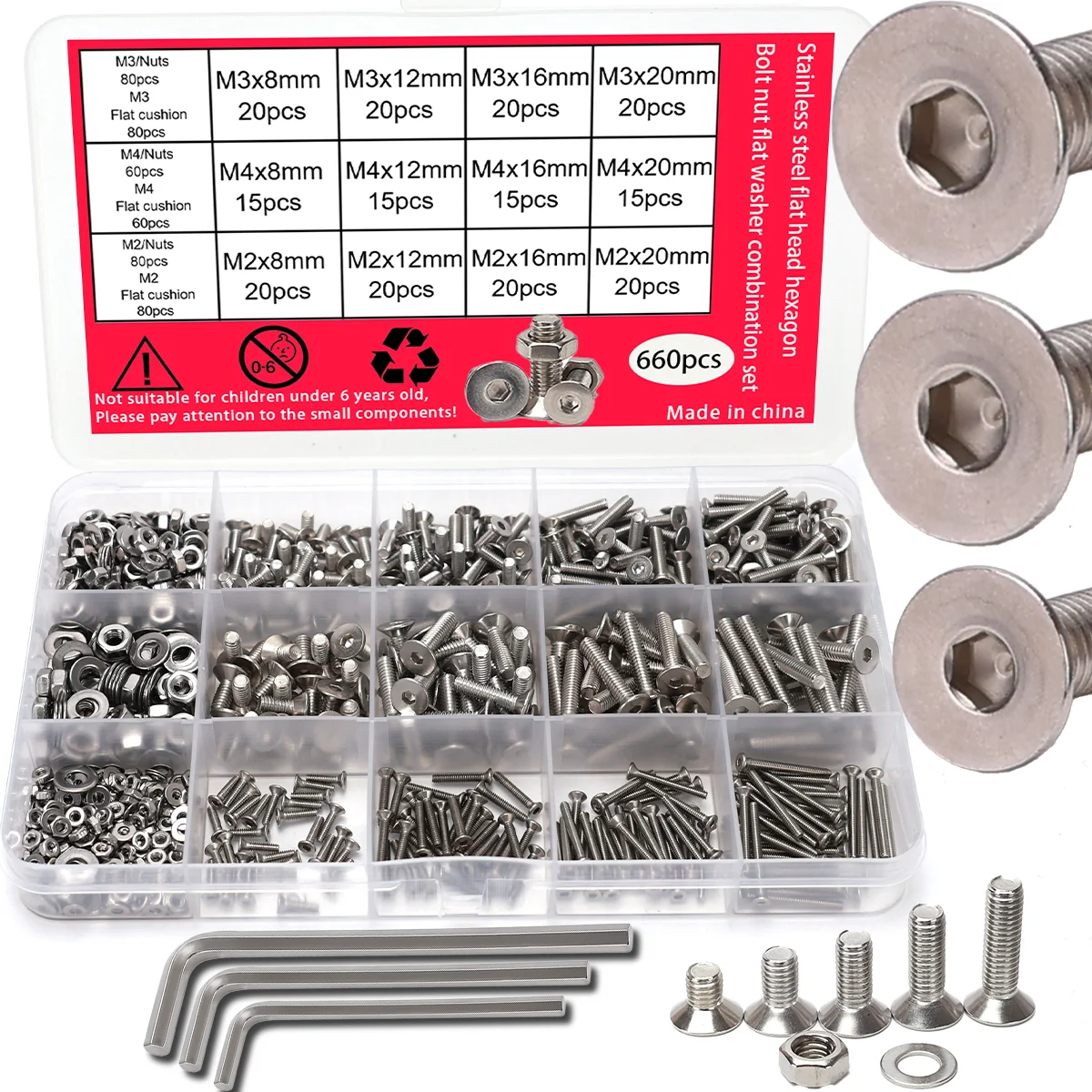 660-Piece Stainless Steel Flat Head Hexagon Nut and Bolt Set - M2, M3, M4 Flat Head Hexagon Socket Head (Wrench)