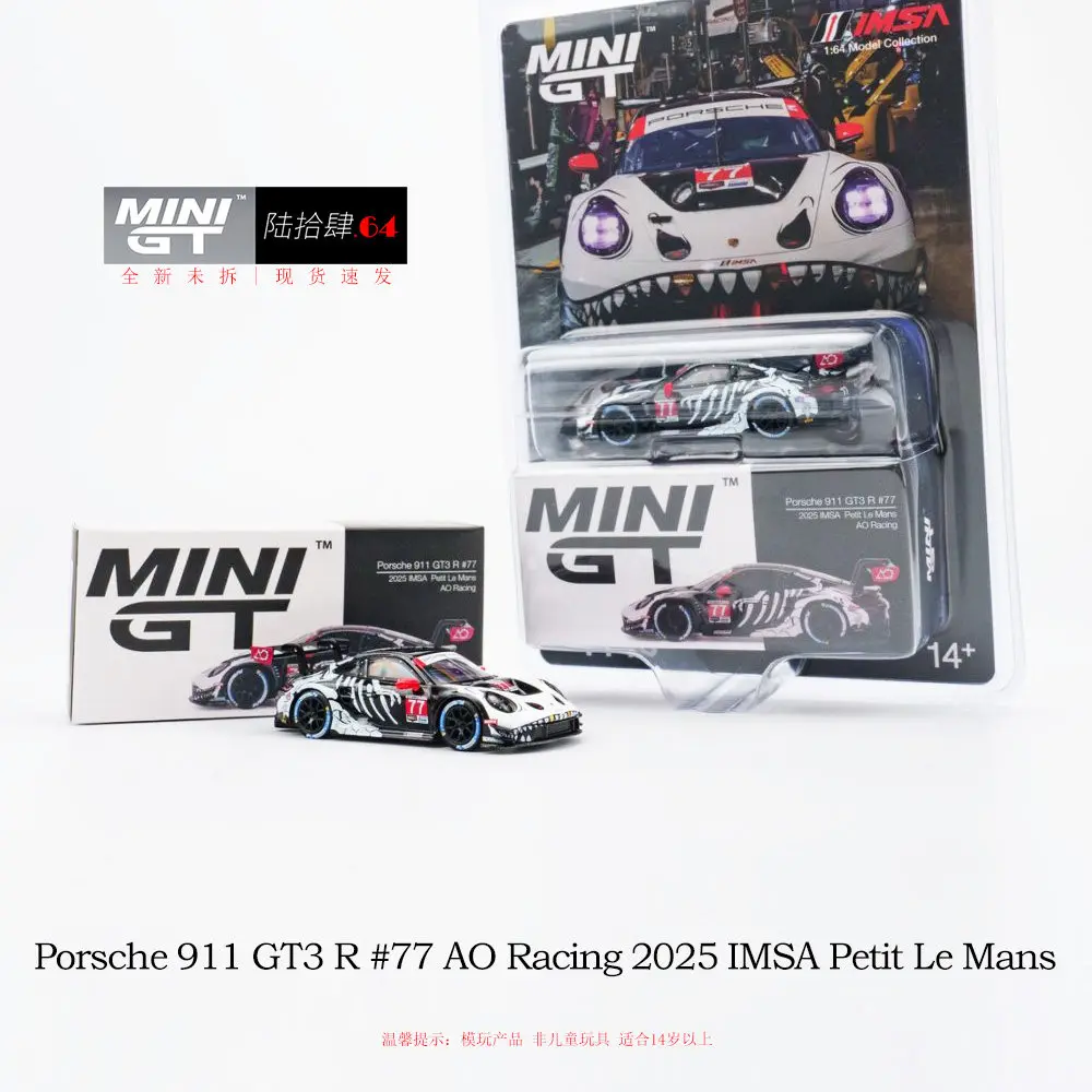 

MINIGT 1:64 Porsche 911 GT3 R #77 AO Racing 2025 IMSA Petit Le Mans MGT01143-CH Car Alloy Toys Diecast Metal Model for Children