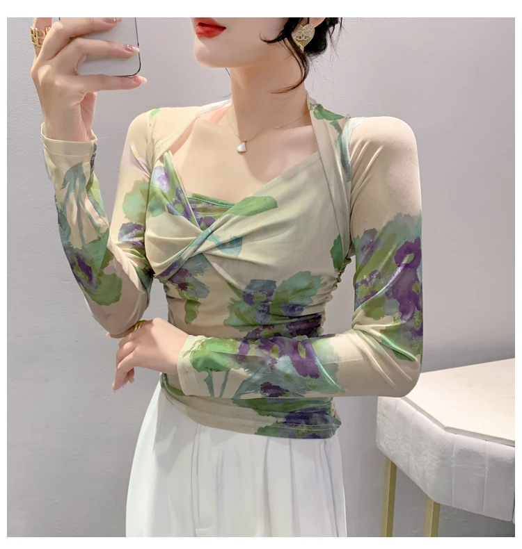 

Elegant Mesh Print Long Sleeve T Shirt Women Autumn New Cross V Neck Design Top