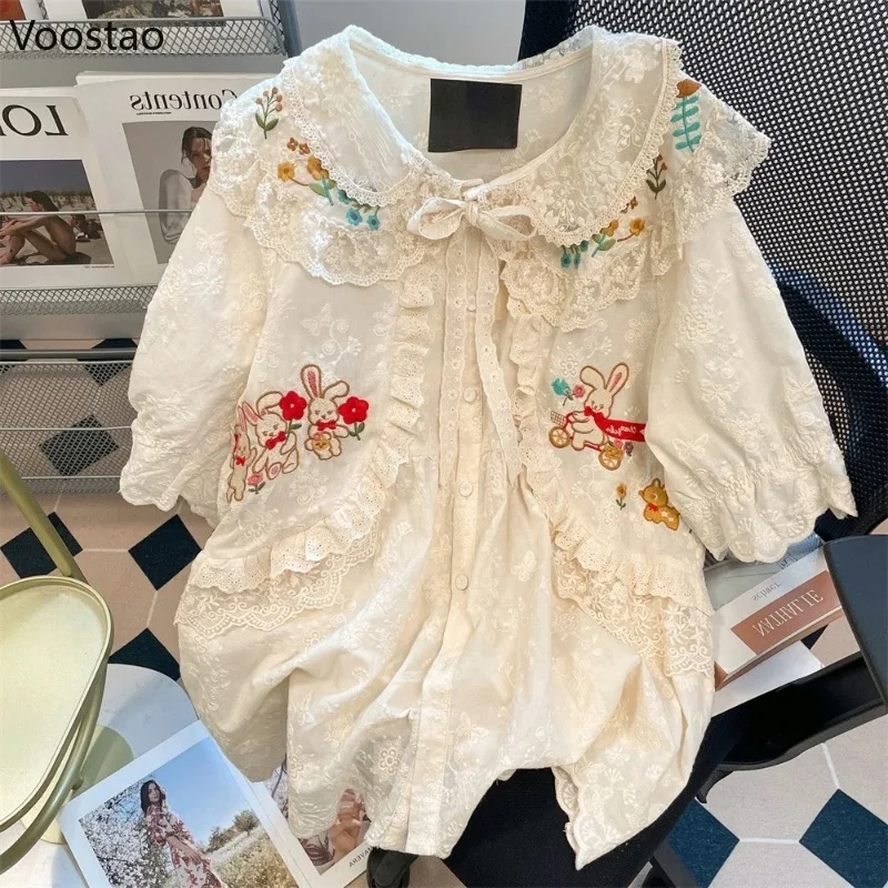 

Mori Girl Retro Lolita Style Shirt Female Kawaii Rabbit Embroidery Floral Peter Pan Collar Blouse Women Sweet Lace Ruffles Tops