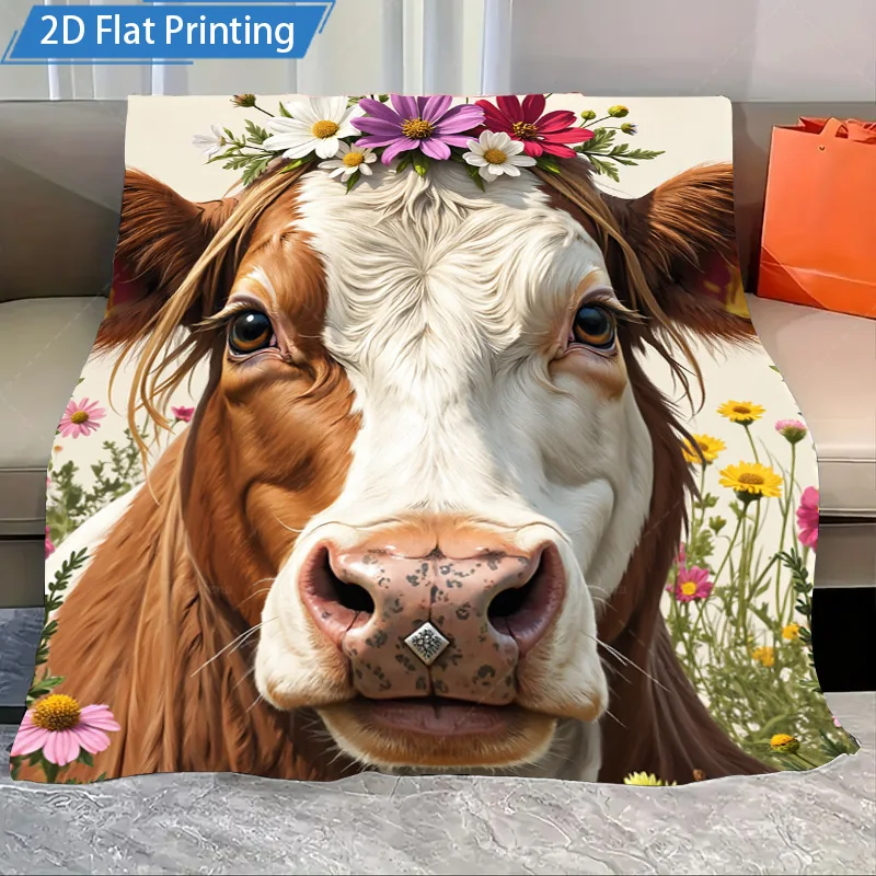 

1 шт. фланелевое одеяло с цветочным принтом коровы, флисовое одеяло, мягкое уютное одеяло для домашнего декора и постельного белья