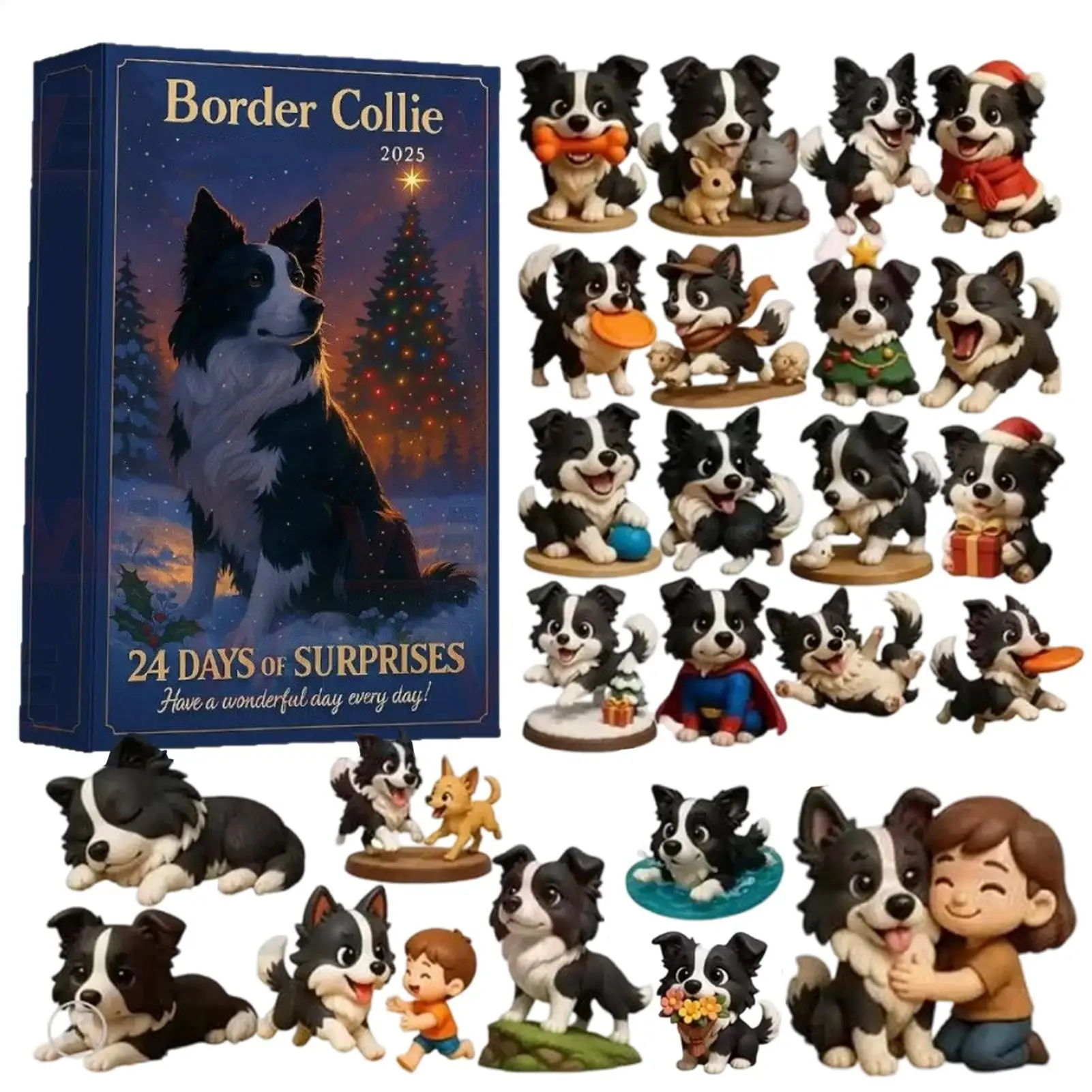 BorderCollie 2025, Countdown-Kalender, 24 verschiedene 2D-Acryl-Schaf-Hund-Anhänger, Weihnachts-Adventskalender, Hundeliebhaber, Weihnachtsgeschenk
