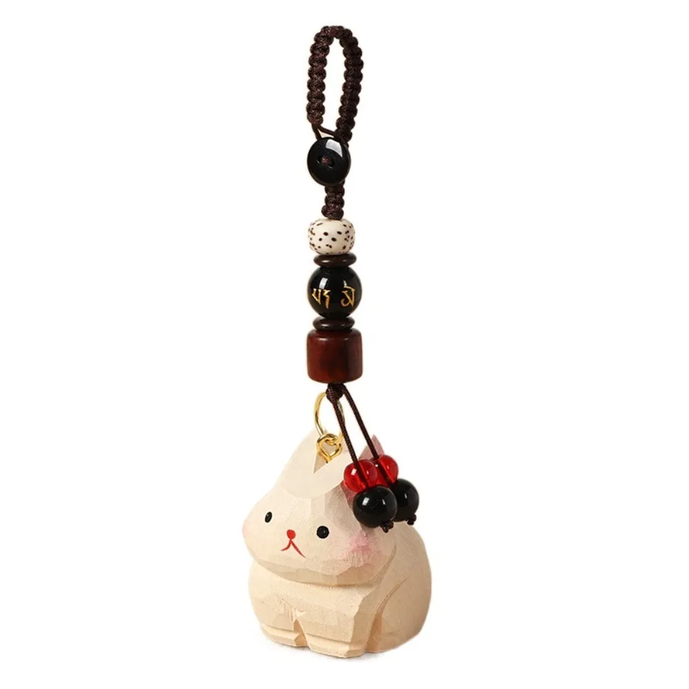 

Fashion Flower Wooden Carved Rabbit Keychain Weave Rope Beads Wood Rabbit Dolls Pendant Kawaii Ornaments Car Keyring Gifts