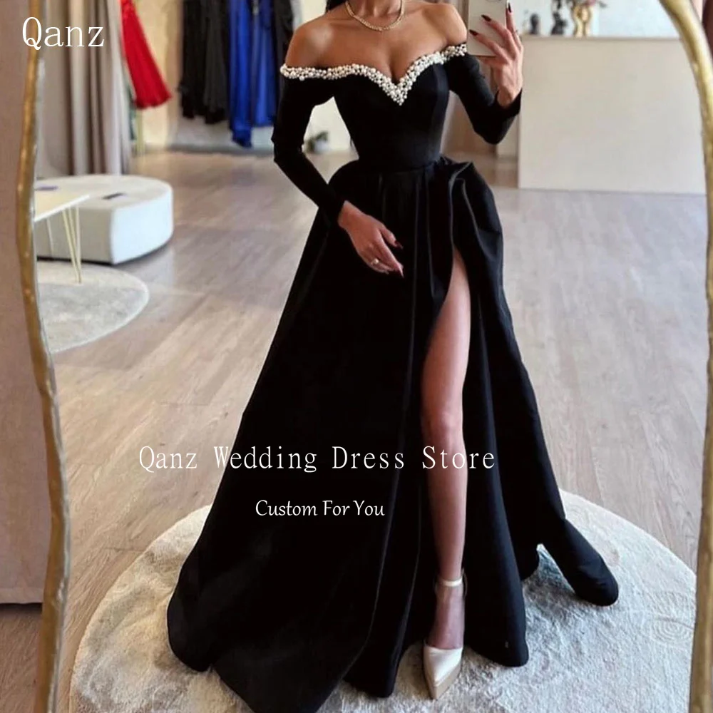 

Qanz Black Pearls Evening Dresses Black Satin Robes De Soirée High Slit Lace Up Abendkleider Formal Event Dresses Customized