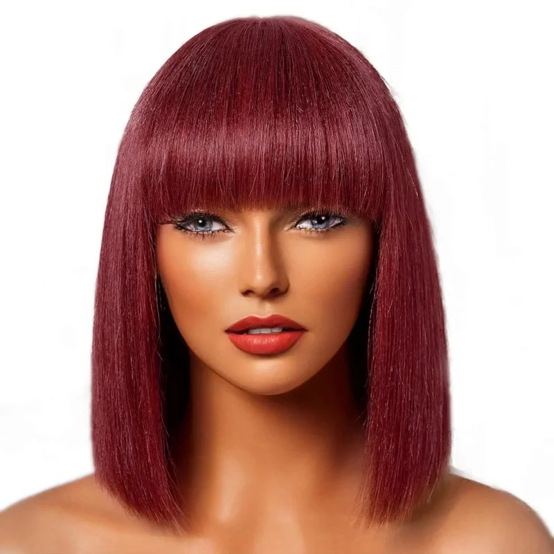 Short Bob Human Hair Wig With Bangs Fringe Cheap Full Machine Made Glueless For Black Women Straight Virgin Brazilian Pixie Cut