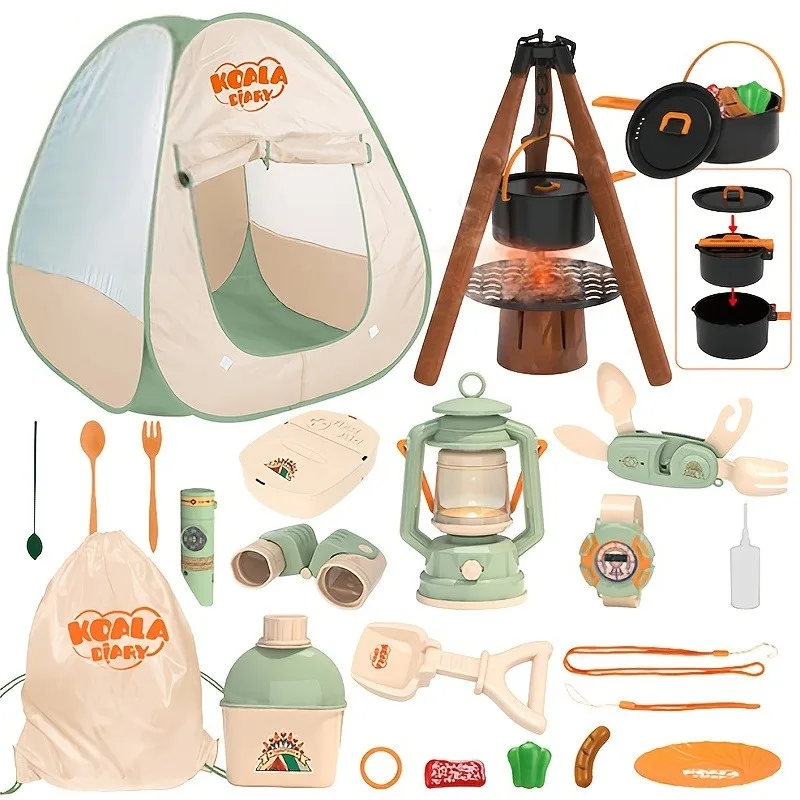 Kids Camping Set Toy Outdoor Explorer Kit Pretend Play OPTIONAL Tent Campfire Binocular Watch Bag Birthday Gift for Boys Girls