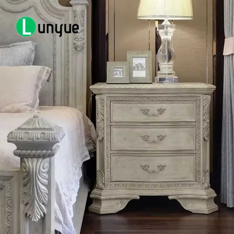 French Retro Solid Wood 3 Drawer Bedside Table Hand Carved Imitation Old Nightstand Storage Cabinet for Living Room Sofa Side
