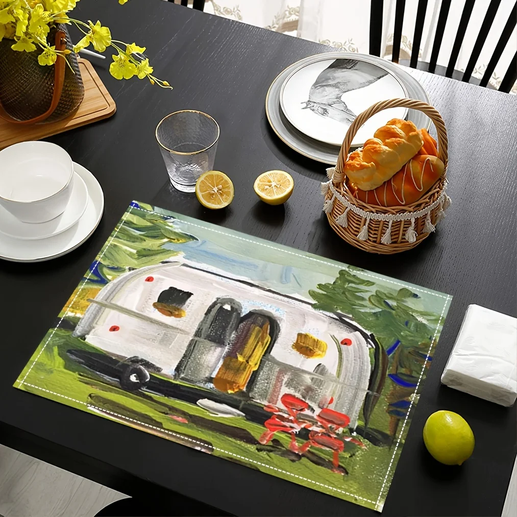 8/4/6pcs Camper Trailer Placemat Set Linen Outdoor Theme Table Mat Vintage Decor Kitchen Dining Accessories