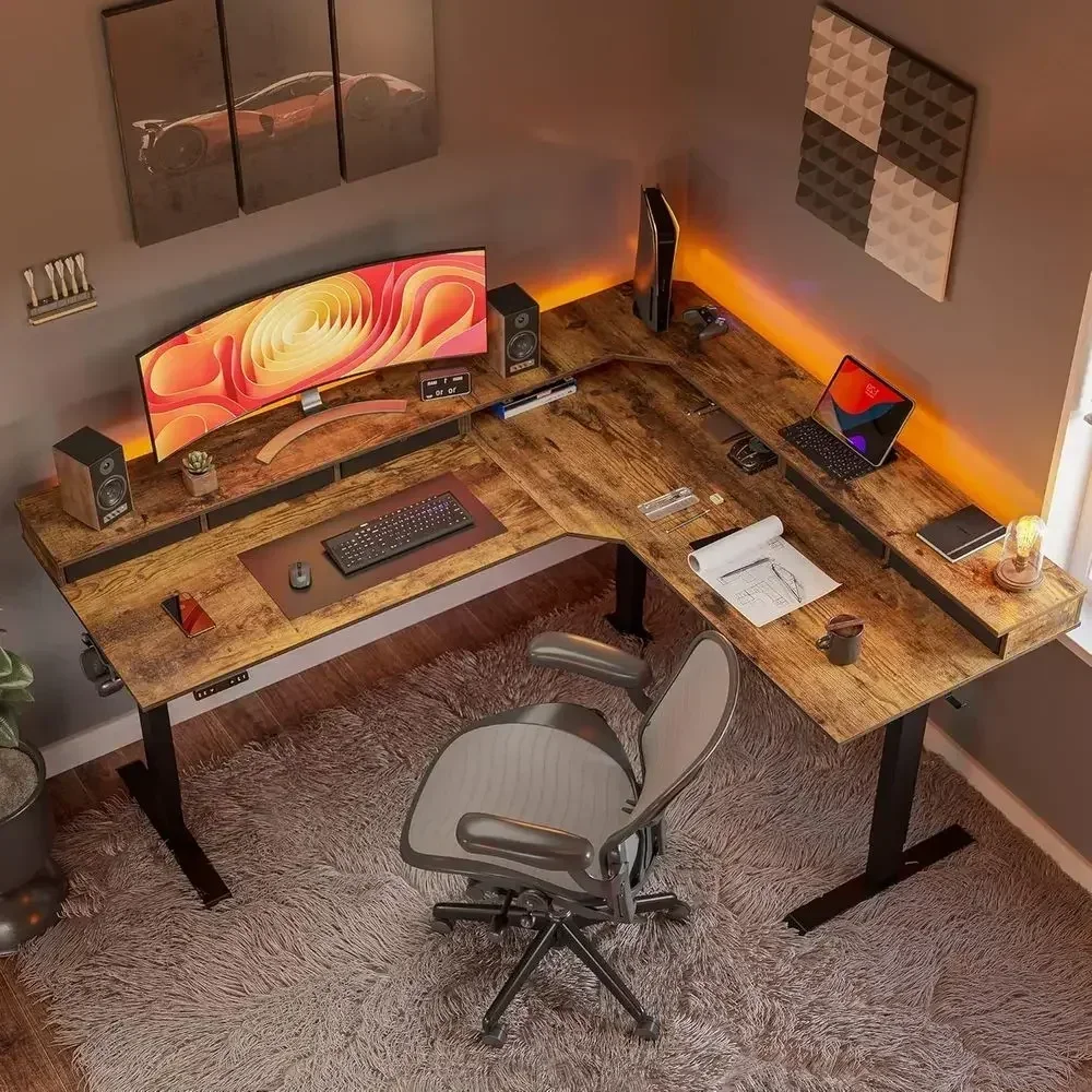 L-Shaped Electric Adjustable Height Desk with Reversible Top, 330 lbs Capacity, Black/Rustic Brown