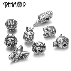 REAMOR 5Pcs DIY Stainless Steel Beads Animal Wolf Lion Leopard Head Small Hole Beads Charms for Beaded Bracelet Jewelry Making