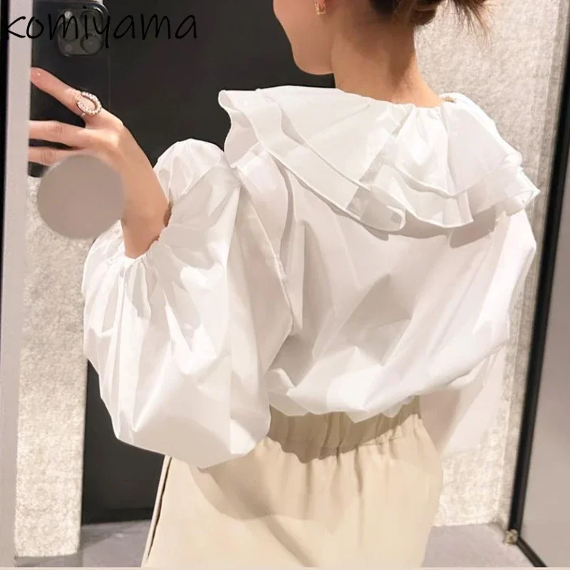 Japanese Lace Up Bow Shirts Blouses Double Ruffled Blusas Mujer Lantern Long Sleeve Camisas Spring 2024 Loose Shirt Tops