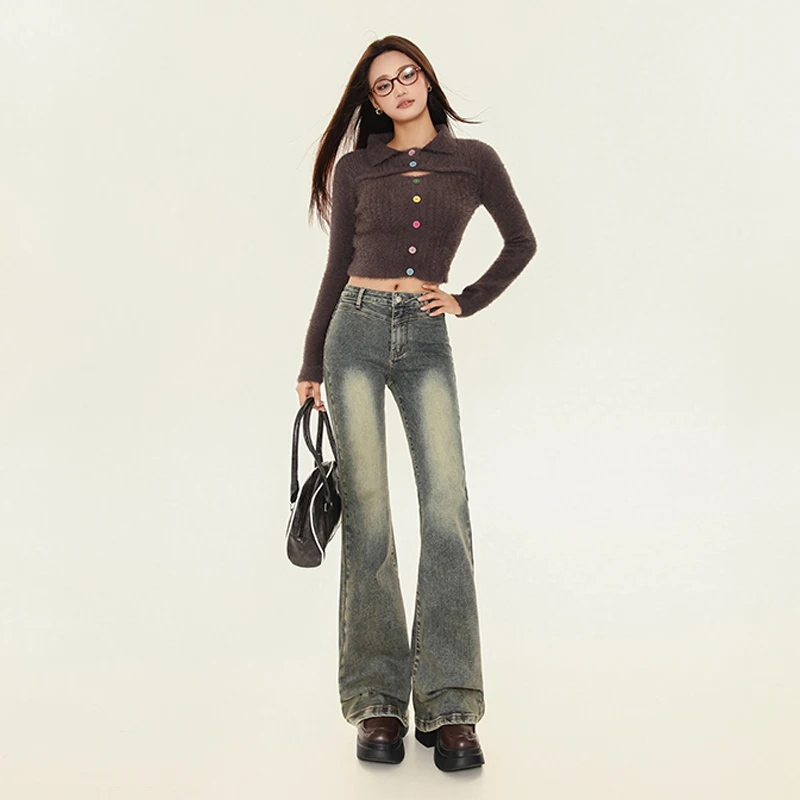 

American retro hot girl style slim-fit stretchy flared jeans for women