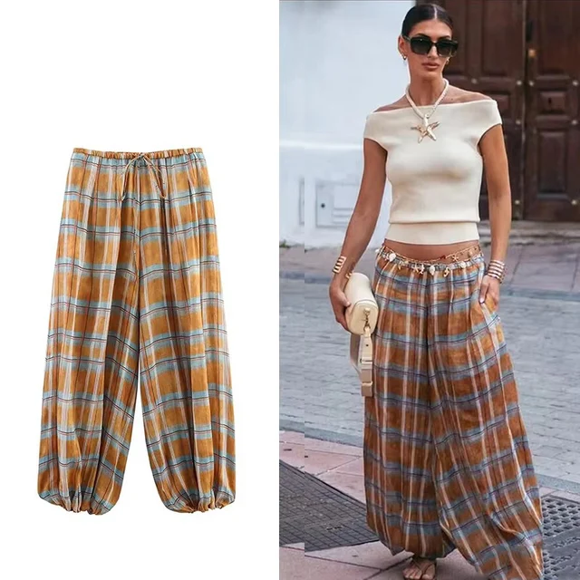 Casual Chic Lantern Pants Women Pants Side Pockets Long Straight Loose Pants Fashion 2026 Spring Printed Trousers