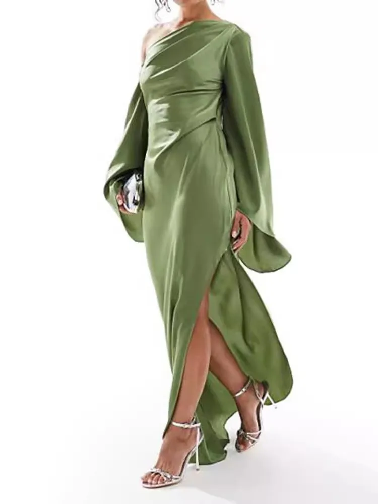 

2025 Autumn New Solid Color Off-shoulder Slim Slit Neck Slit Dress Fashionable Casual Temperament Flared Sleeve Long Skirt