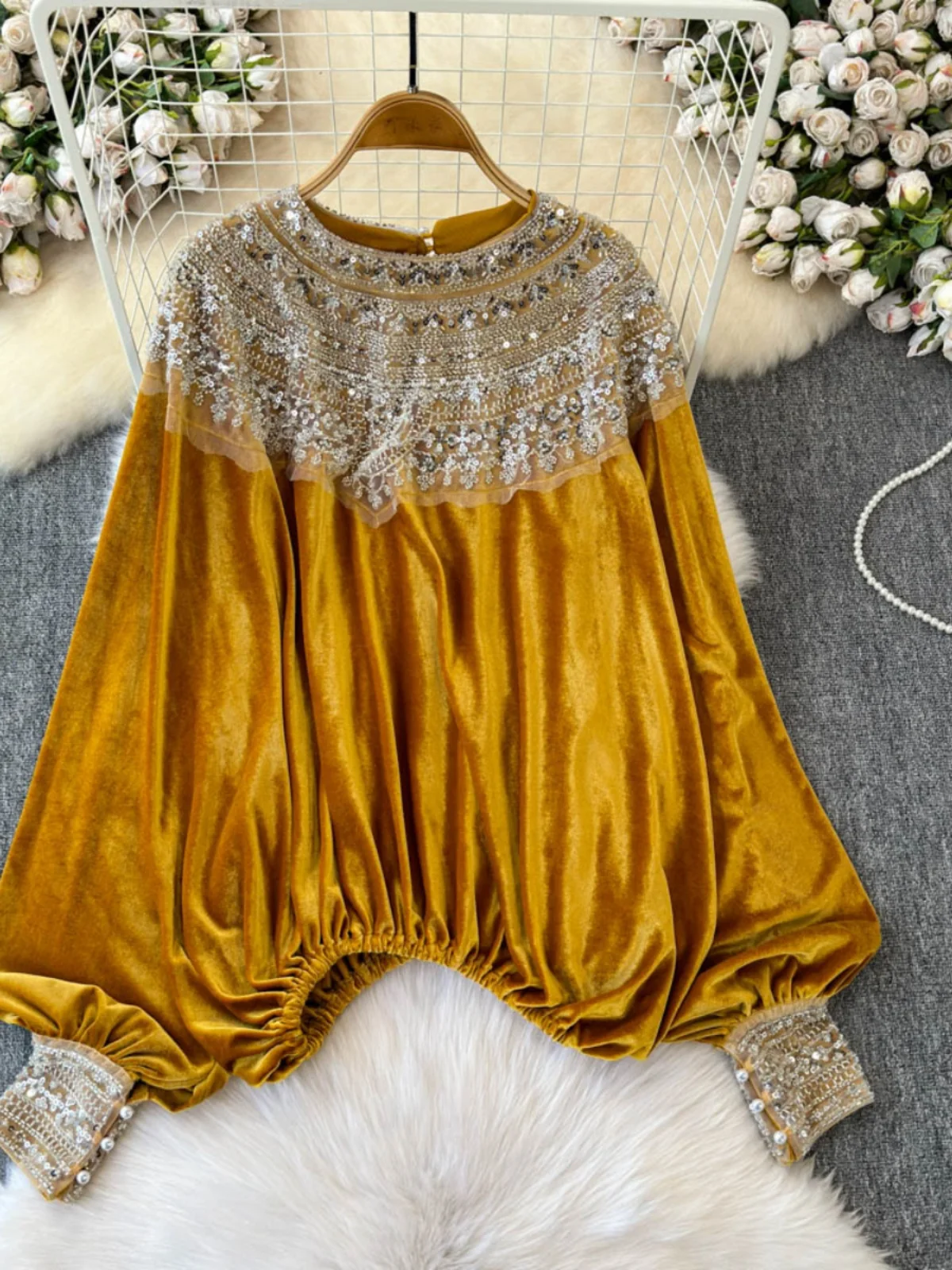 

Vintage Blouse Women'S Clothing Sequin Velvet Shirts 2025 Blusas De Mujer Bat Tunic Loose Korean Fashion Lady Tops And Blouses