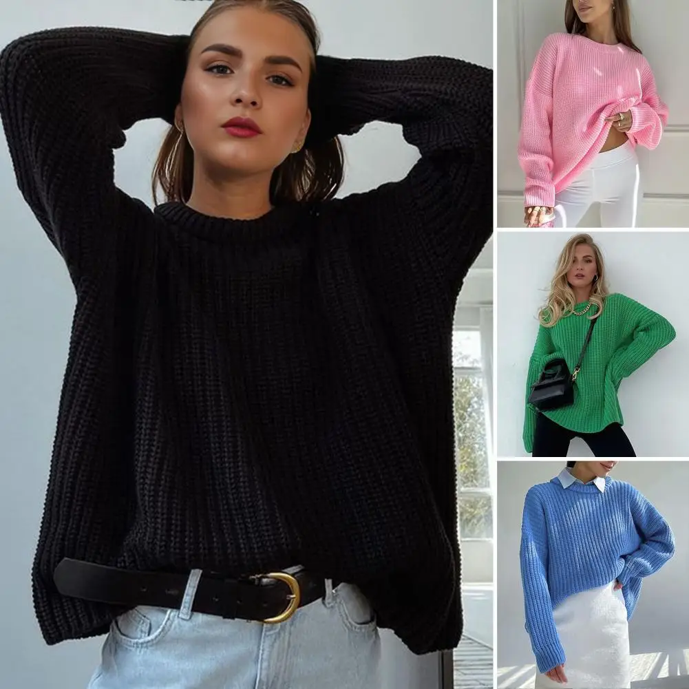 

Women Pullover Sweater Elegant Women's Round Neck Sweater Tops Solid Colors Long Sleeve Knit Pullover with for Women for Women